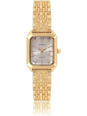 Women's Gold Quartz Rectangular Case Metal Bracelet Band Analogue Wrist Watch